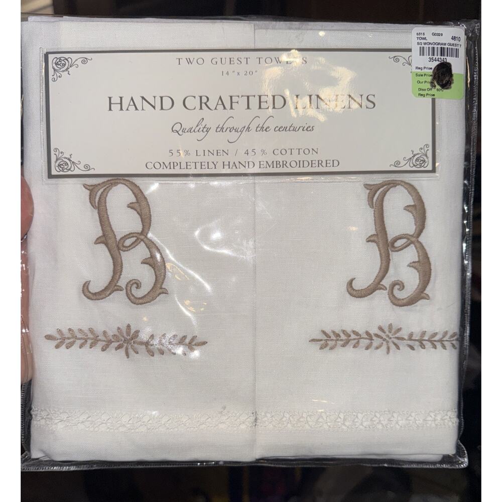 Set Of 2 New Hand Embroidered Linen Hand Monogrammed B Guest Towels